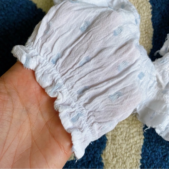 🐚 REBELLION BOHO WHITE BLUE DOTTED STRING LONG SLEEVE LAYERED RAW HEM CROP TOP! - Picture 7 of 12